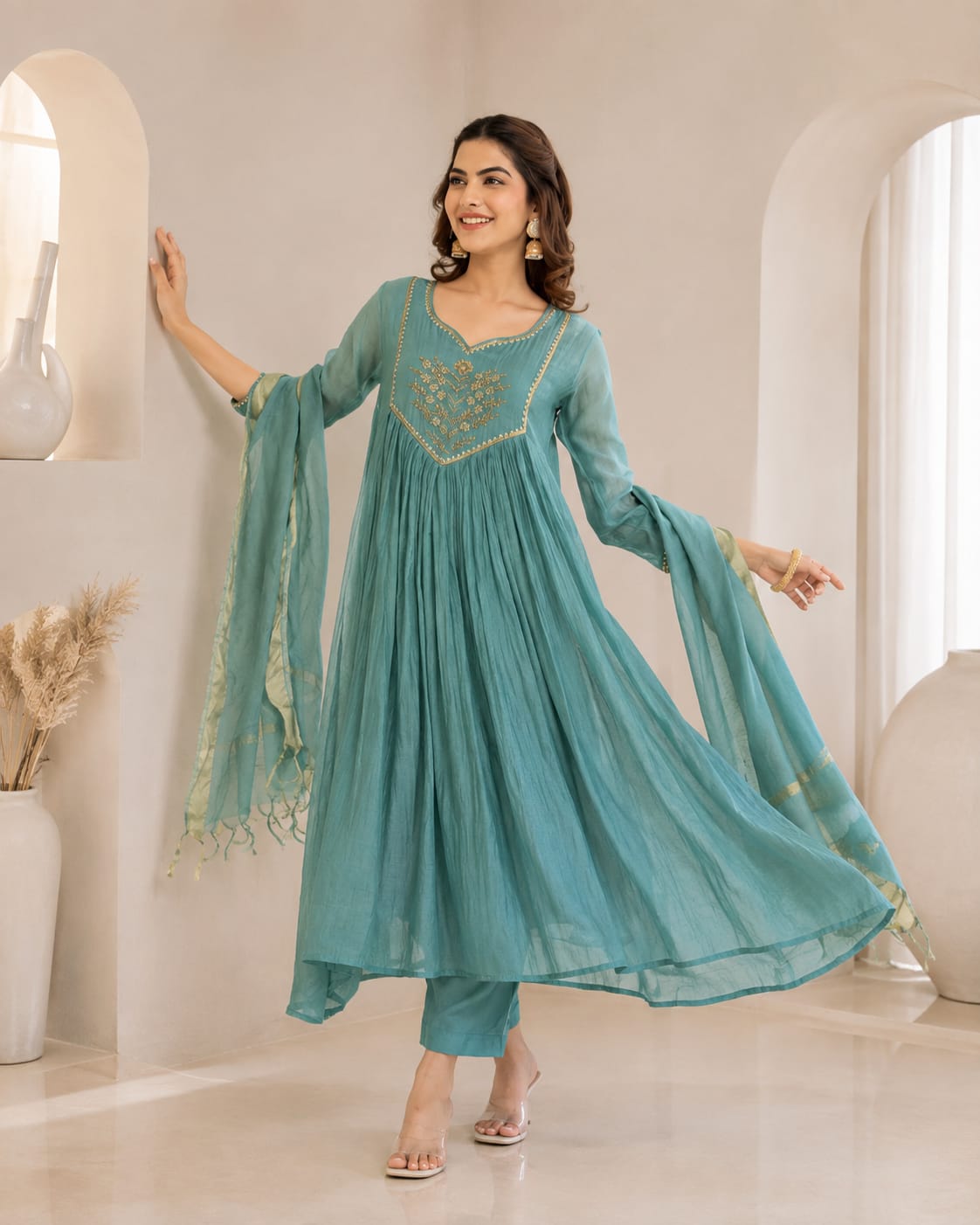 Designer Anarkali Suit Set with Chanderi Dupatta. - View 3