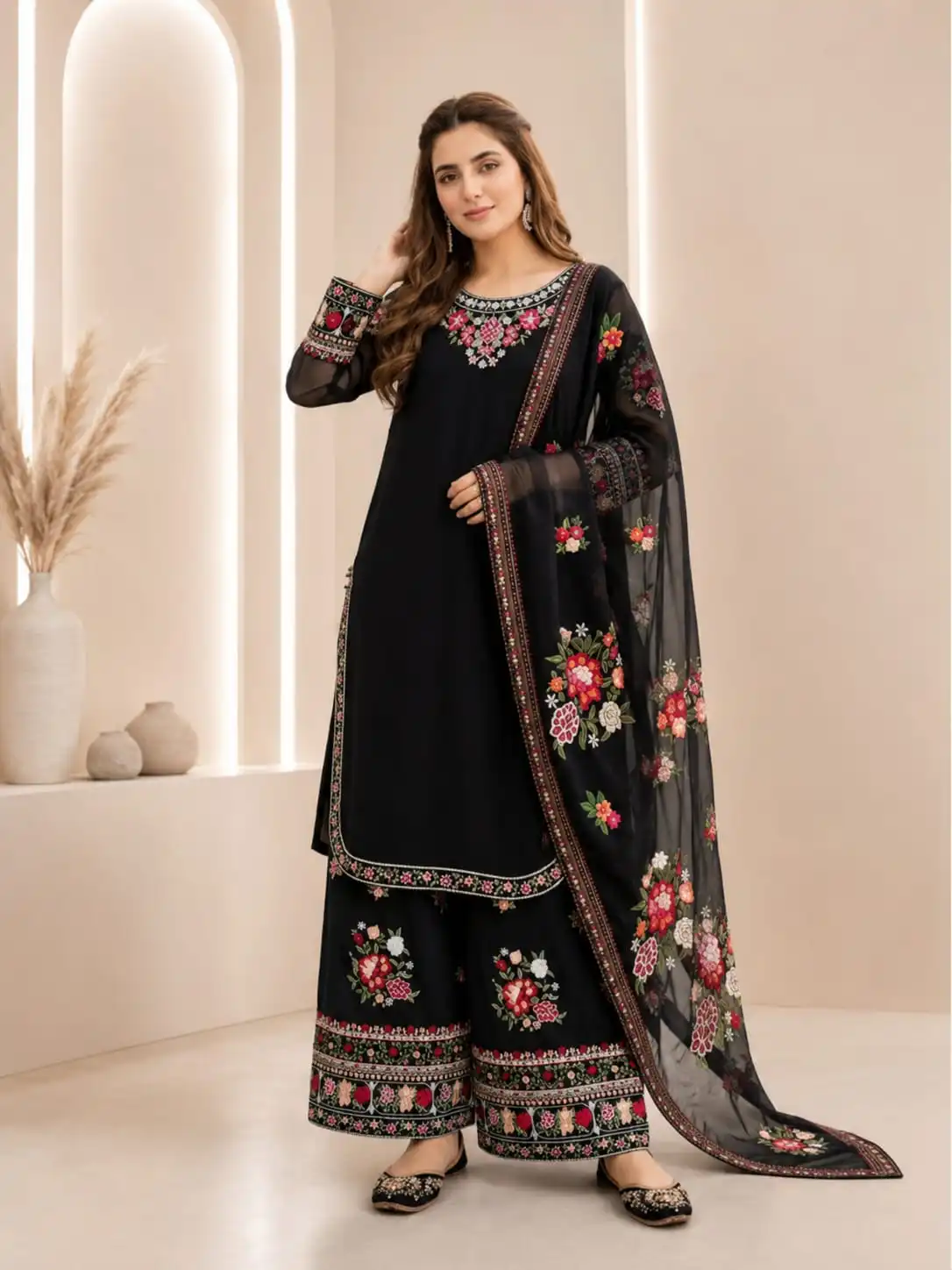3-piece Designer Black Faux Georgette Suit Set