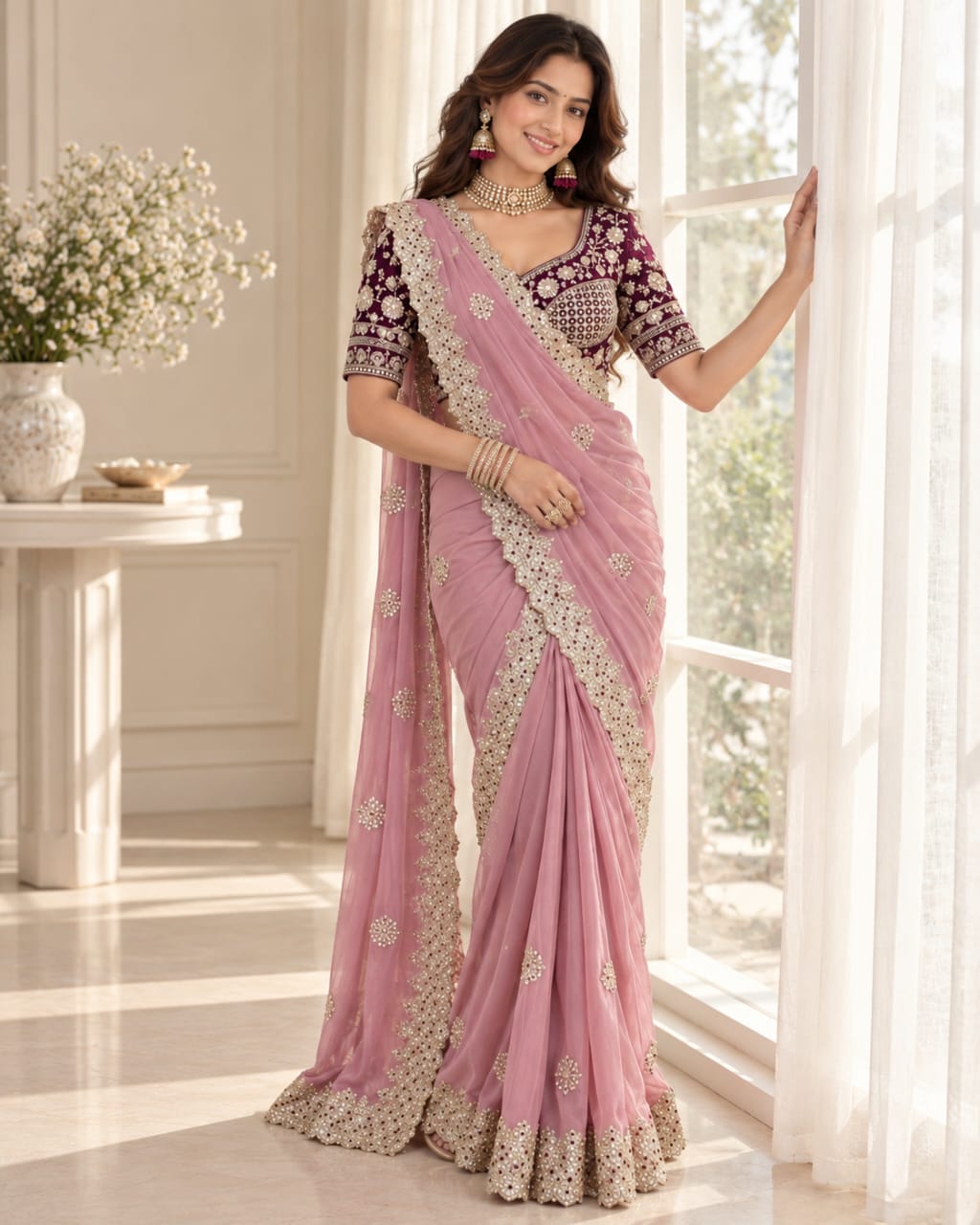 Soft Pink Fancy Satin Saree with Heavy Embroidery and Designer Blouse