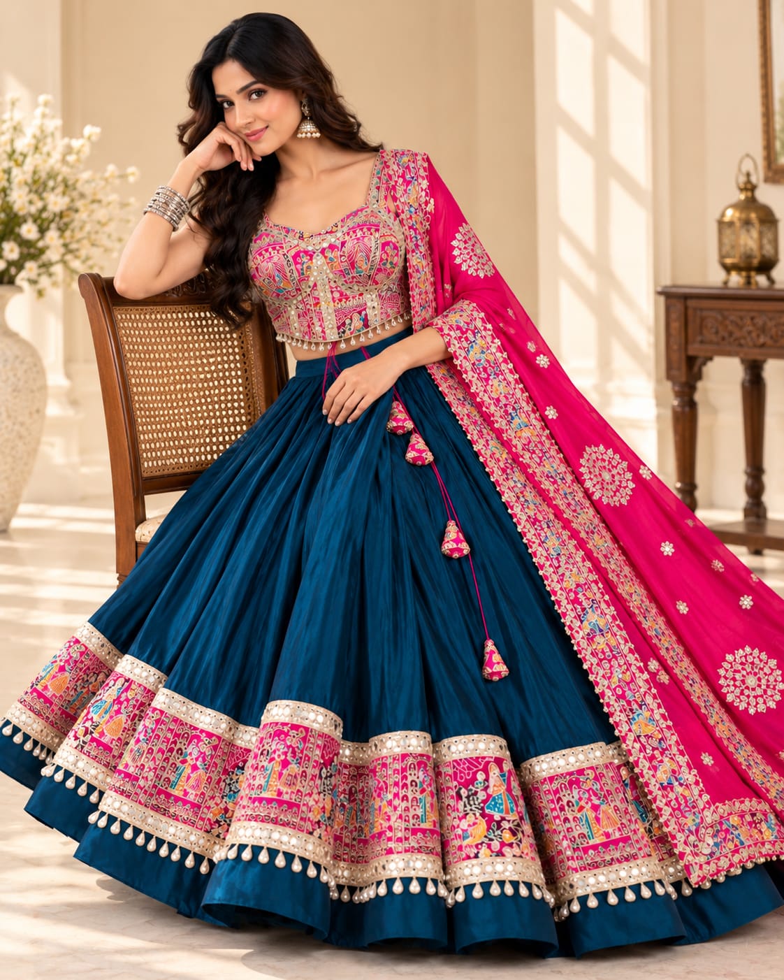 Teal & Pink Heavy Roman Cotton Lehenga Choli Set