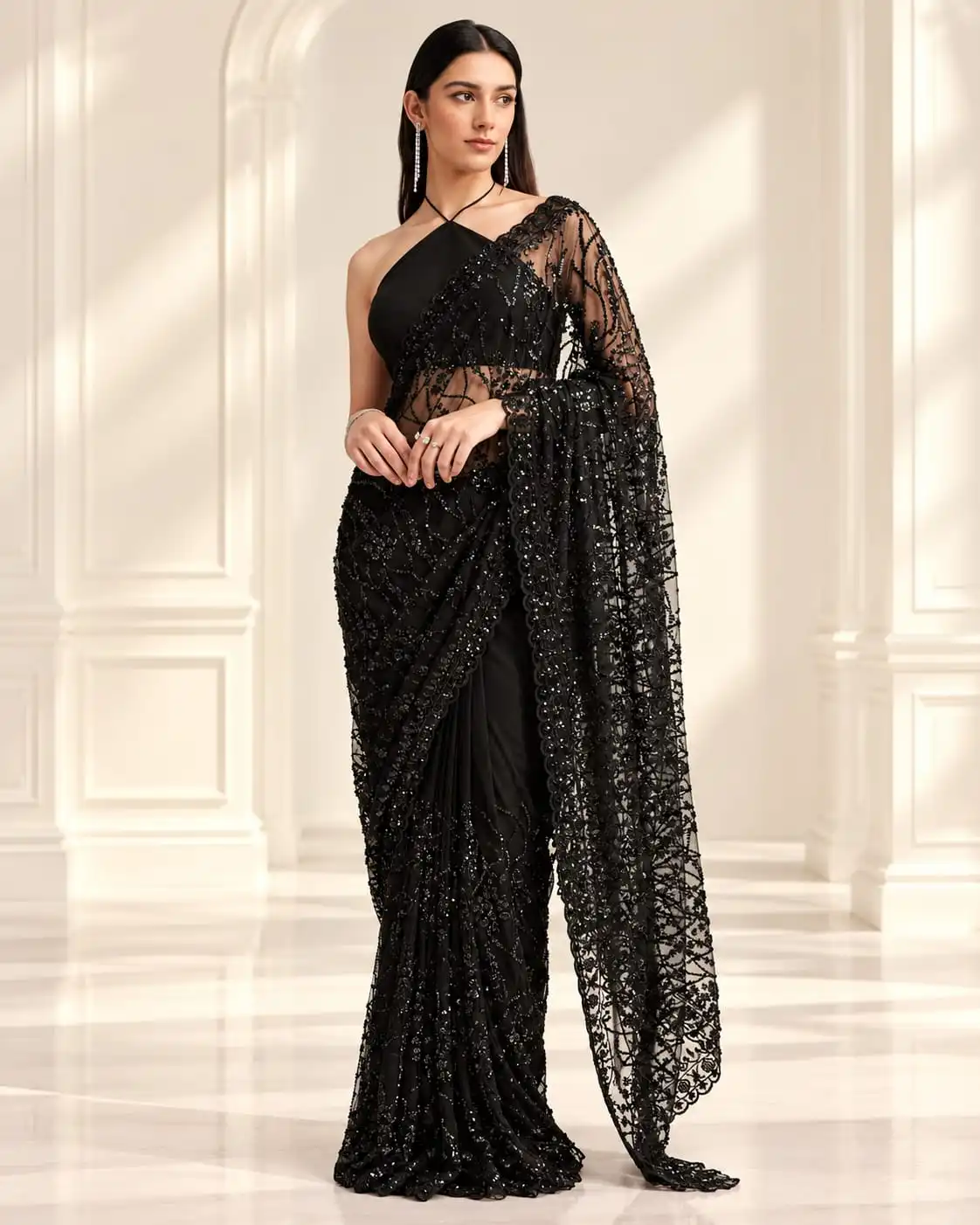 Black Bollywood Sequins Embroidery Net Saree | Designer Party Wear - View 3