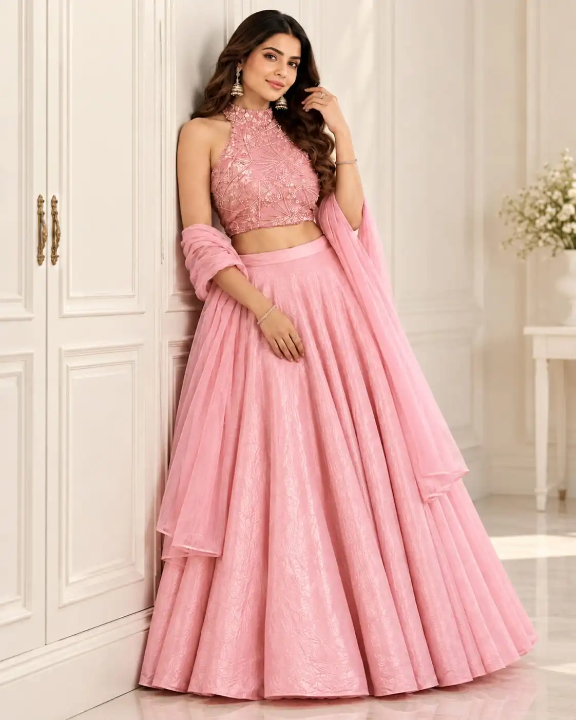 Pink Fendy Silk Beads Work Halter Neck Lehenga Set