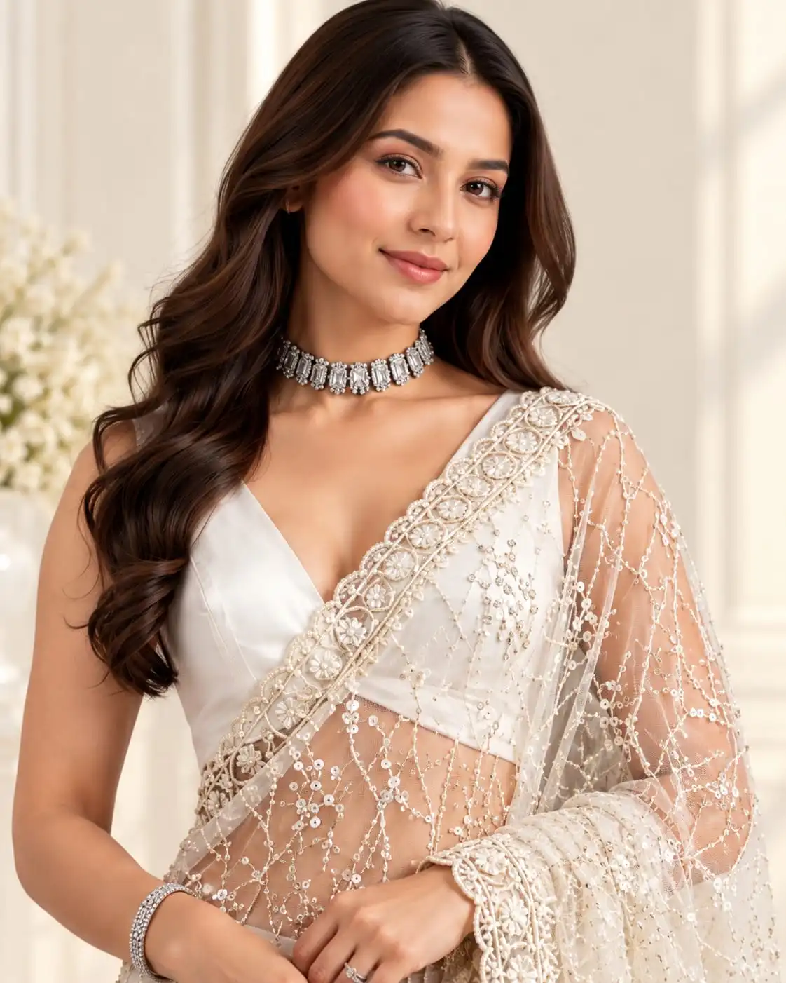 White Bollywood Sequins Embroidery Net Saree | Designer Party Wear - View 2