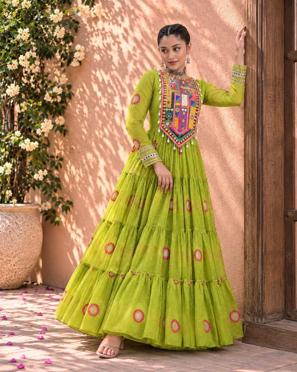 Green Georgette Navratri Special Bandhani Print Gown with Mirror Work