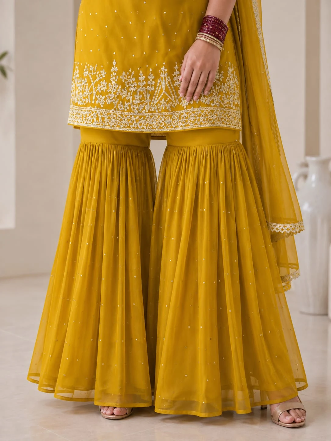 Faux Georgette Yellow Top Palazzo & Dupatta Set - View 2