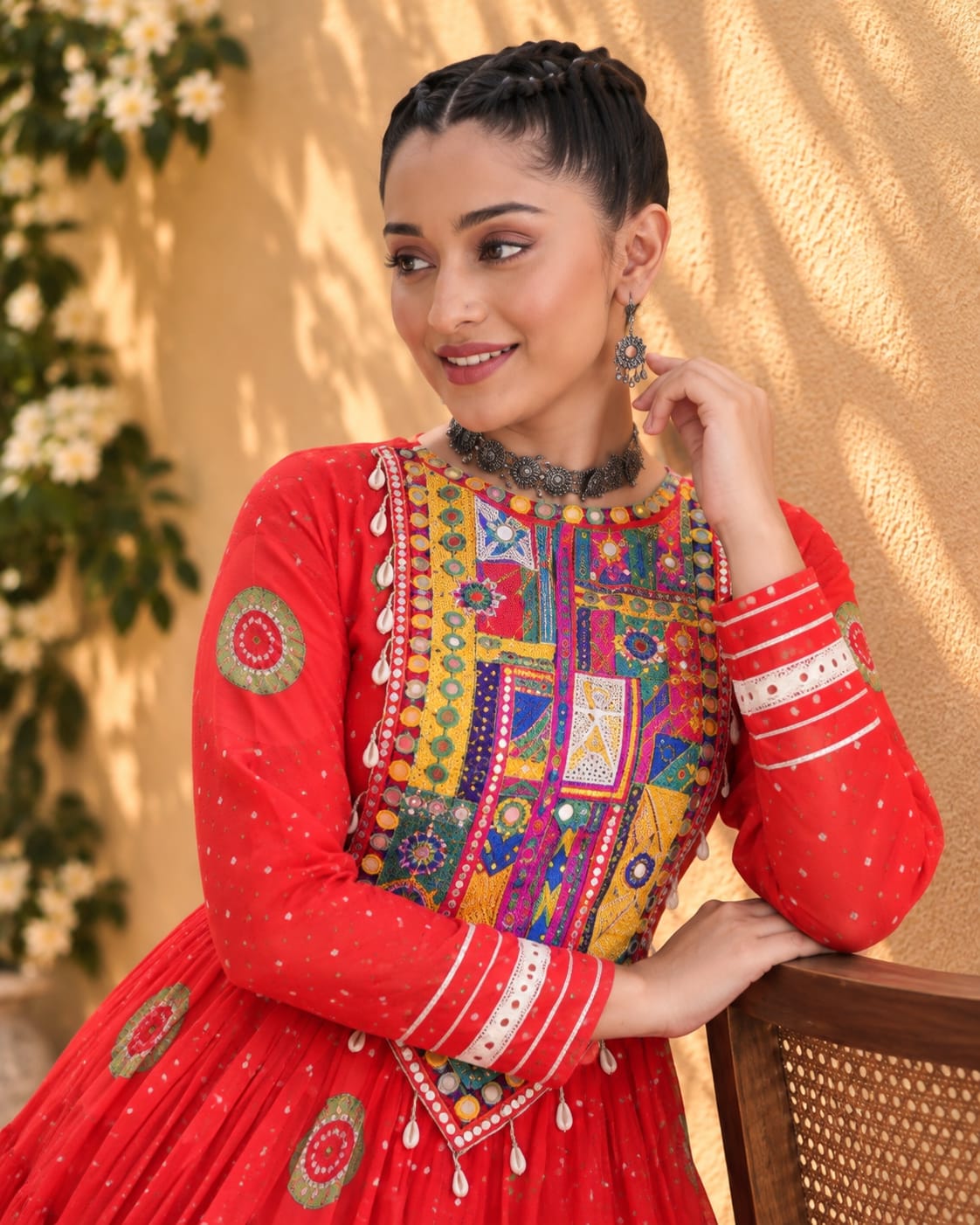 Red Georgette Bandhani Print Navratri Gown with Mirror Work - View 3