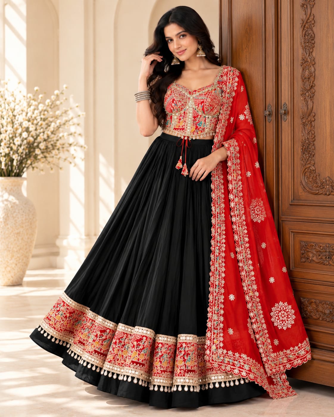 Black & Red Heavy Roman Cotton Navratri Lehenga Choli Set