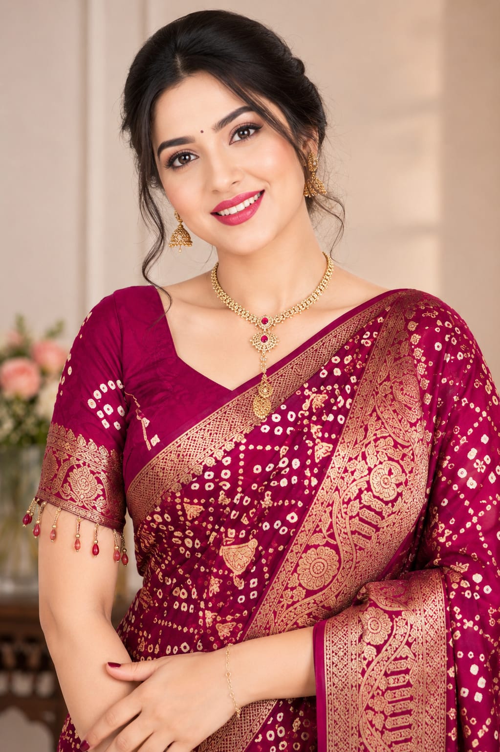 Georgette Fuchsia Pink Saree With Digital Print. - View 3