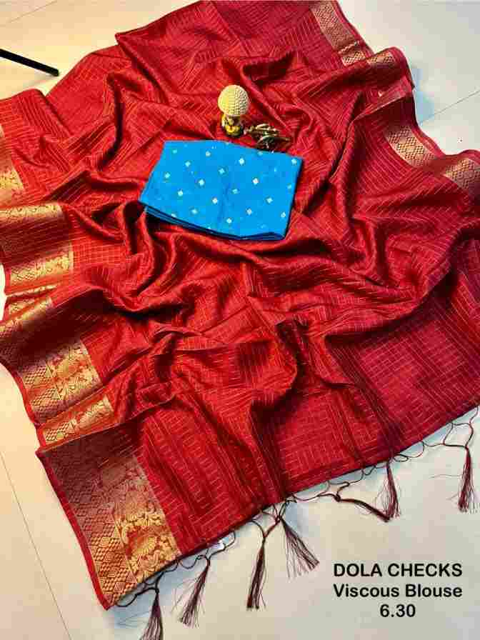 Soft Dola Silk Checks Saree with Jacquard Border & Latkan Pallu (Blue Viscose Blouse)