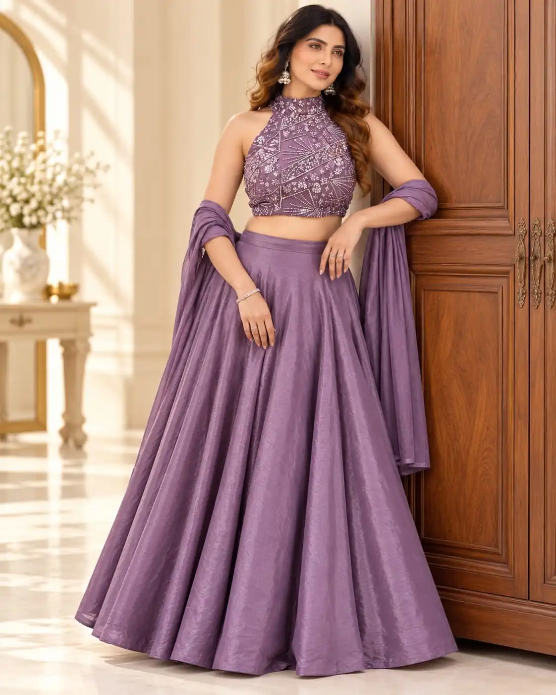 Purple Fendy Silk Beads Work Halter Neck Lehenga Set