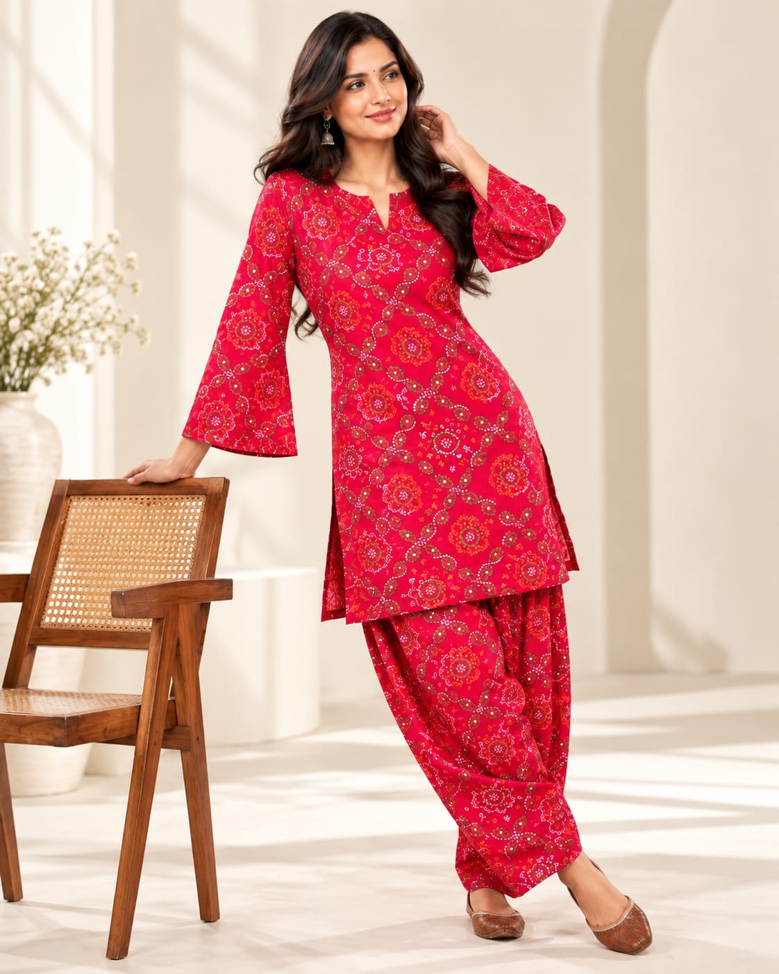 Red Cotton Leheriya Printed Stitched Farsi Salwar Suit Set