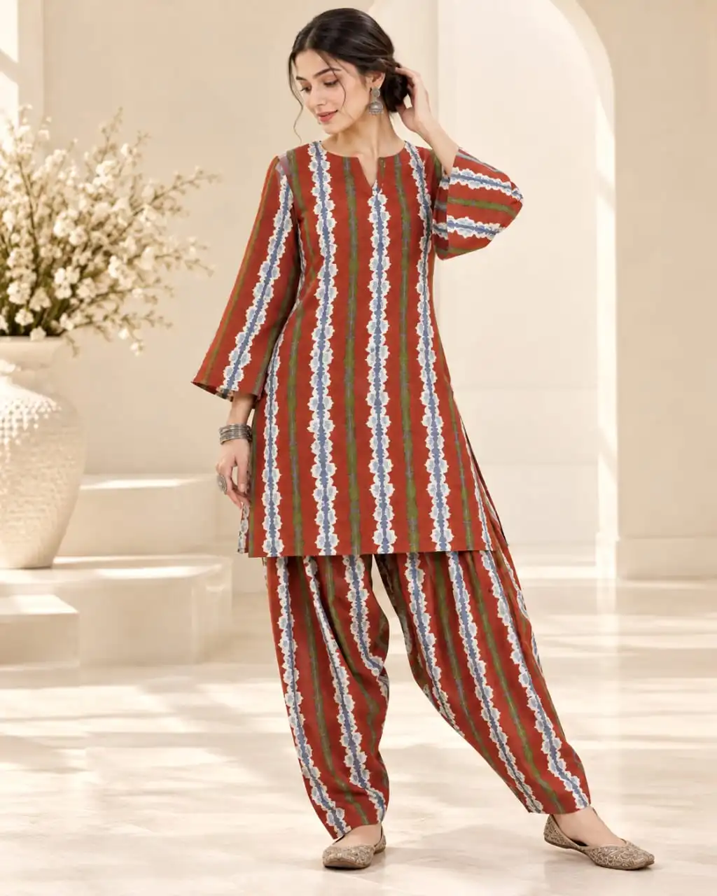 Rust Cotton Lehriya Printed Stitched Farsi Salwar Suit Set