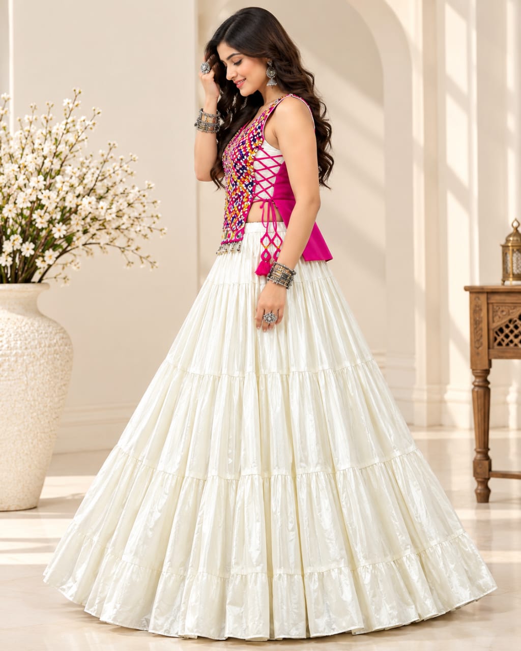 Off-White Pure Cotton Gamthi-Work Navratri Lehenga Choli Set - View 2