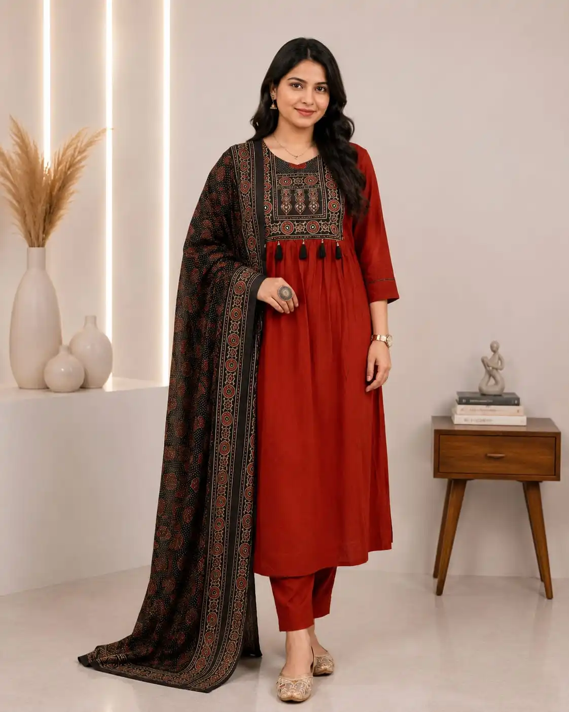 3 Piece Maroon Cotton Kurti Set with Black Printed Dupatta - View 1