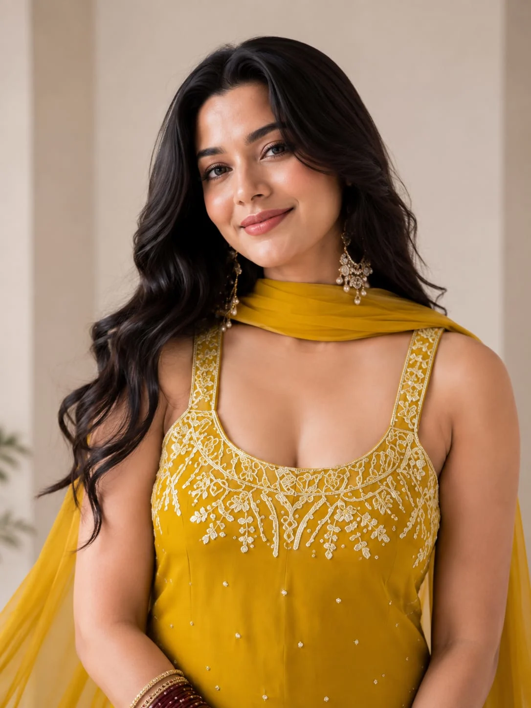 Faux Georgette Yellow Top Palazzo & Dupatta Set - View 3